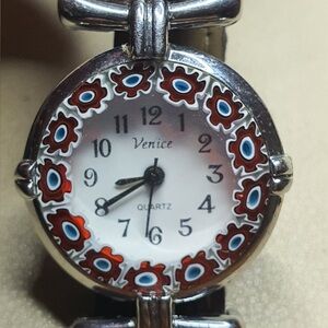 Venice Murano Glass Millefiori Silver/White Leather Women's Watch